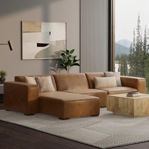 SIMPLIHOME Rex Left Chaise Sofa Module in Full-Grain Genuine Leather, Caramel Brown, 44-inches W x 69.5-inches D, Handcrafted Modern-Style Left-Arm Chaise Lounge Chair for Living Room SIMPLIHOME