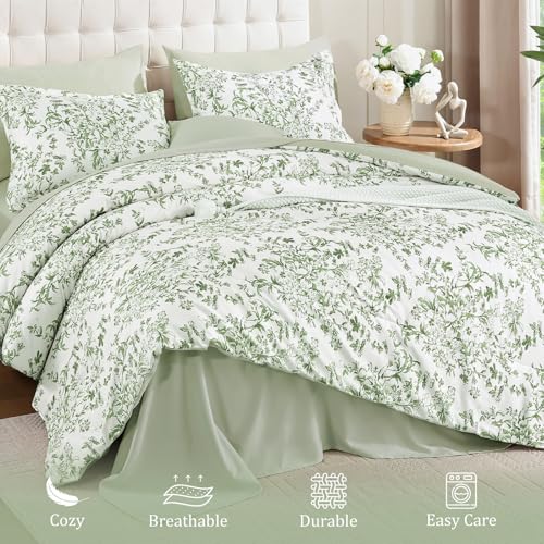 WONGS BEDDING 8 Pieces King Size Comforter Set Green,Sage Green Floral Bed in a Bag Comforter Sets, Soft Reversible Botanical Flowers Bedding Sets for All Season (90"x104") WONGS BEDDING