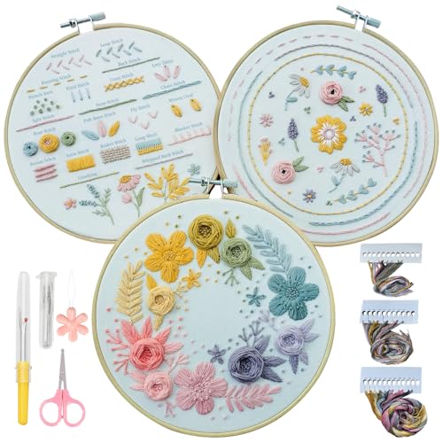 Embroidery Kit,3 Pack Embroidery Kit for Beginners With Step by Step Learn 22 Different Stitches from Instruction & Video,Stamped Embroidery Patterns,Hand Embroidery Kit for Adult, Stitches Kit