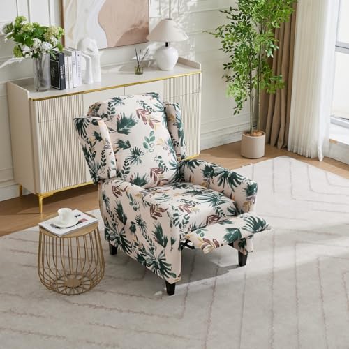KISSLIVE Push Back Recliner Chair with High Back, Blue Floral Print Fabric Upholstery, Classic Wing Back Design, 250 LBS Capacity (Beige)