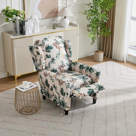KISSLIVE Push Back Recliner Chair with High Back, Blue Floral Print Fabric Upholstery, Classic Wing Back Design, 250 LBS Capacity (Beige) KISSLIVE