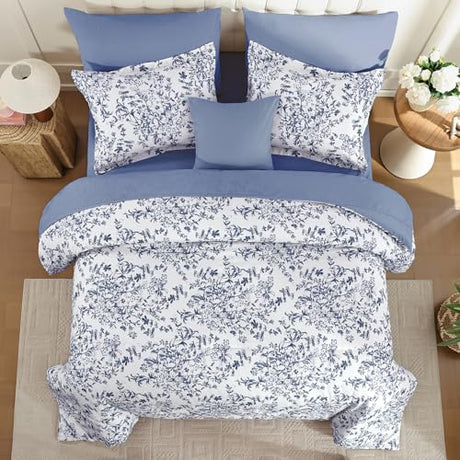 WONGS BEDDING Blue Floral Comforter Set Queen Size, 8 Pieces Flower Botanical Bed in a Bag Bedding Set, Soft Microfiber Comforter, Sheets, Pillowcases & Shams (90"x90") WONGS BEDDING