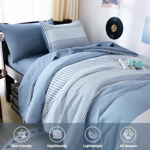 Blue Comforter Set Twin Size,Classic Striped Comforters for Boys&Girls,5 Pieces Bed in A Bag Simple Neutral-Style Bedding Sets for Kids Teen Cottolester