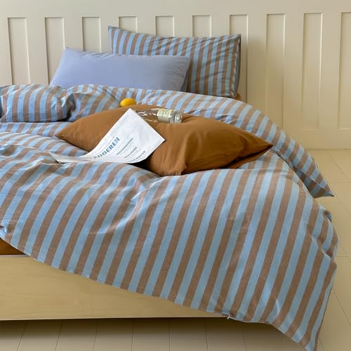 Striped Duvet Cover Set Full, 100% Washed Cotton Vintage Blue Brown Stripes Pattern Printed Comforter Cover, 3 Pieces Breathable Duvet Cover with 2 Pillowcases, Soft Farmhouse Striped Bedding Set LifeTB