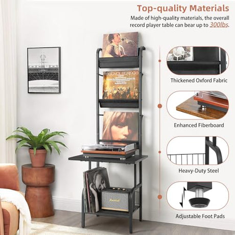 Record Player Stand with Vinyl Storage for up to 200 Albums, Turntable Stand with Record Holder Display Shelf Tewinko