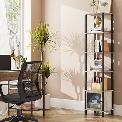 TUTOTAK 6-Tier Greige Narrow Bookcase with Door for Small Spaces - WoodArtSupply