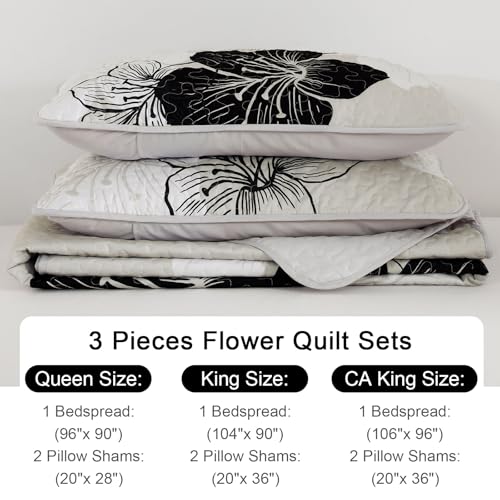 DJY Black White Quilt Set Queen 3 Pieces Floral Bedding Quilt Set Soft Botanical Bedspread with 2 Pillow Shams Lightweight Flower Quilt Coverlet Set for All Season 90''x 96'' DJY
