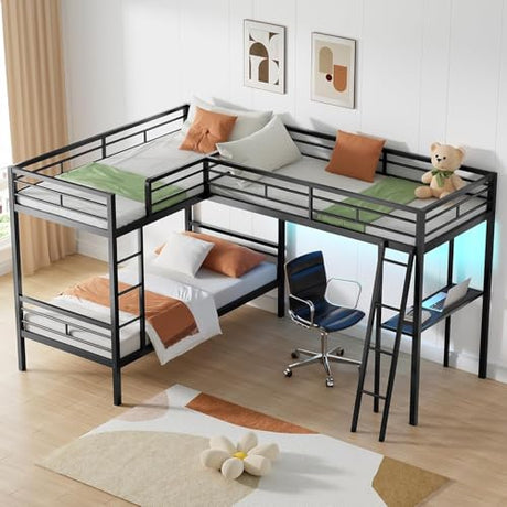 PVWIIK L-Shaped Triple Bunk Bed w/Desk & LED Lights for 3 Kids Adults,Metal Frame with Built-in Ladder & Full-Length Guardrails,Easy to Assemble,Space Saving, Black PVWIIK