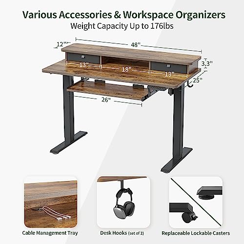 BANTI 48'' Height Adjustable Electric Standing Desk with Keyboard Tray, Home Office Desk Computer Workstation with Storage Shelf, Sit Stand Desk, Rustic Top