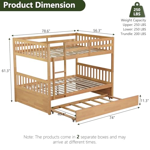 Repantes Full Over Full Bunk Bed with Trundle, Solid Rubberwood, High Weight Capacity, Converts to 2 Full Beds, with Safety Rails for Kids, Teens and Adults, Nature Repantes
