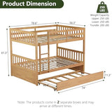 Repantes Full Over Full Bunk Bed with Trundle, Solid Rubberwood, High Weight Capacity, Converts to 2 Full Beds, with Safety Rails for Kids, Teens and Adults, Nature Repantes