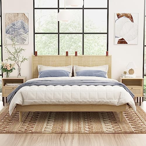 Boho Rattan Nightstands Set of 2 with Metal Legs and Open Shelf, Natural Wood Finish Angel Sar