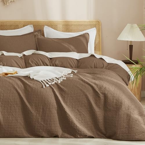PHF Waffle Duvet Cover Set King Size, No Snagging Ultra Soft Luxury Textured Breathable Comforter Cover for All Season 3pcs, Durable Bedding Duvet Set with 2 Pillow Shams, 104"x90", Mocha/Cocoa Brown PHF