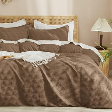 PHF Waffle Duvet Cover Set King Size, No Snagging Ultra Soft Luxury Textured Breathable Comforter Cover for All Season 3pcs, Durable Bedding Duvet Set with 2 Pillow Shams, 104"x90", Mocha/Cocoa Brown PHF