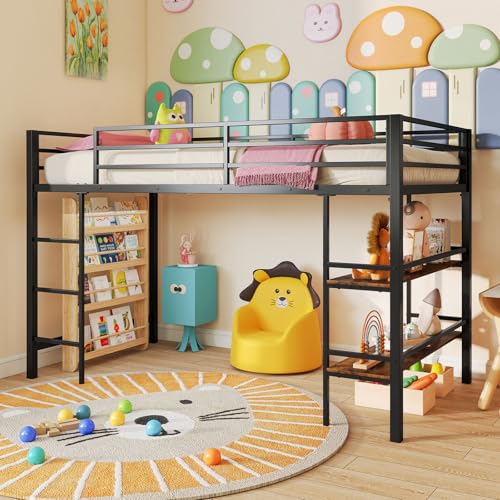 Giantex Low Loft Bed Twin Size, Heavy Duty Metal Frame w/Storage Shelves, Ladder & Full-Length Guardrails, Ample Under-Bed Space, Kids Loft Bed with Stairs for Boys Girls Junior, No Box Spring Needed Giantex