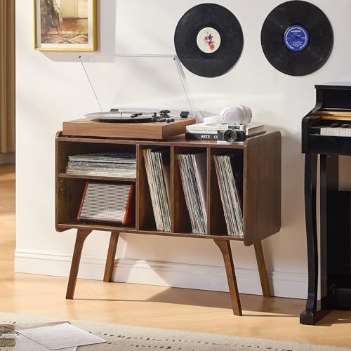 Lerliuo Record Player Stand with 4 Cabinet Holds Up to 220 Albums, Large Turntable Stand with Beech Wood Legs, Mid-Century Record Player Table,Retro Brown Vinyl Holder Storage for Bedroom Living Room Lerliuo