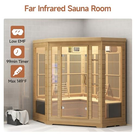 springspa Infrared Sauna 4 Person, Low EMF Far Infrared Sauna for Home, Indoor Corner Sauna, Hemlock Wooden Dry Sauna Room with Bluetooth Speaker, 7 Color Chromotherapy Lights springspa