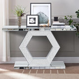 55'' Mirrored Console Table Long Mirrored Sofa Table for Living Room Office, Hexagon Design Crystal Accents, Modern Entryway Console Desk for Hallway Entrance, 55''x14.2'' Glass Top Henf
