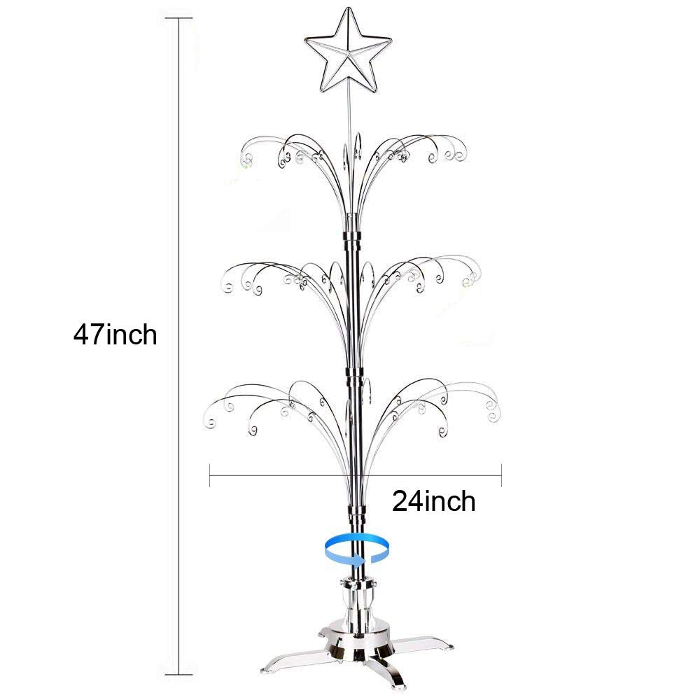 HOHIYA 47 Inch Ornament Display Tree Metal Christmas Stand Rotating Chrome Silver 60 Hooks Hanger Wire Hanging for Swarovski 2024 Crystal Glass Decorations Gift Taiwan Made HOHIYA