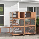 PawHut Catio, Outdoor Cat Enclosure House, Wooden Feral Cat Shelter on Wheels, Cat Cage with Hammock, Platforms Ramps, and Weather Protection Asphalt Roof, 34", Orange PawHut