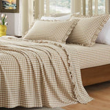 KKJIAF 4 Pieces Plaid Ruffle King Size Sheets Set, Cotton Gingham King Sheet Set Linen Feel Comfy Breathable Ruffed Plaid Bed Sheet Set with 16 Inches Deep Pocket, Taupe KKJIAF