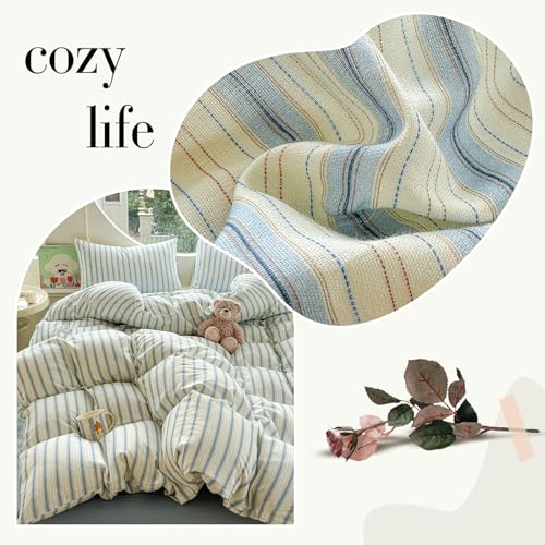 HighBuy Vintage Striped Duvet Cover Queen,Muslin Cotton 3 Piece Blue Stripes Bedding Comforter Cover for Teen Boys Girls,Linen Feel Gauze Shabby Chic Bedding Set Soft Breathable,Queen HighBuy