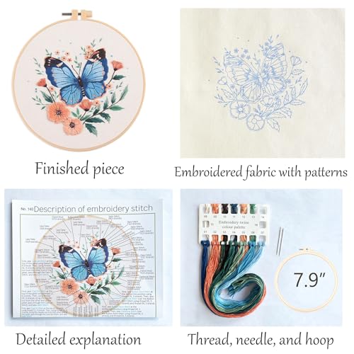 Silentsea Blue Butterfly Embroidery Kit for Adults - DIY Embroidery Set with Fabric, Threads and Needle for Craft Lovers