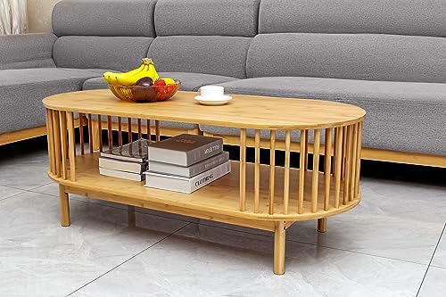 VaeFae Oval Coffee Table, Bamboo Coffee Table for Living Room, 2-Tier Wooden Farmhouse Center Table with Storage Shelf VaeFae