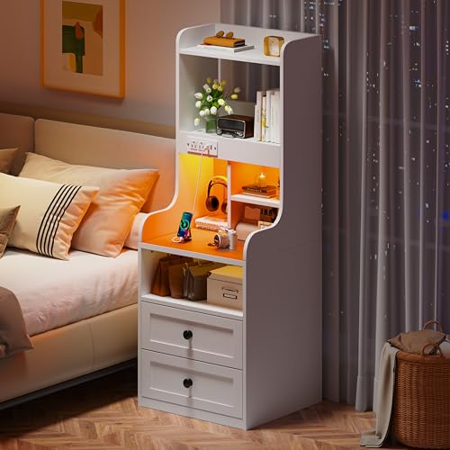 EnHomee Tall Nightstand with Charging Station and LED Lights - Stylish White Nightstand with 2 Drawers and Shelves - WoodArtSupply