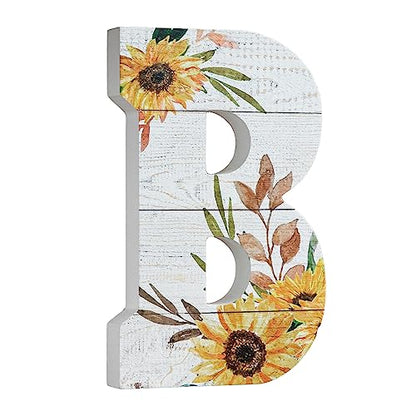 COLLECTIVE HOME - 10" Wood Lettes for Wall Decor, Sunflower Tabletop Alphabet Decoration, DIY Farmhouse Decor, Rustic Freestanding Monogram Block (B)