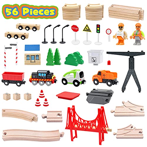 WOOD CITY Wooden Train Set, 56-Piece Deluxe Kids Toy Train Set for 2 3 4 5 Year Old Boy, Cargo-Themed Train Track with Tower Crane & Suspension WOOD CITY