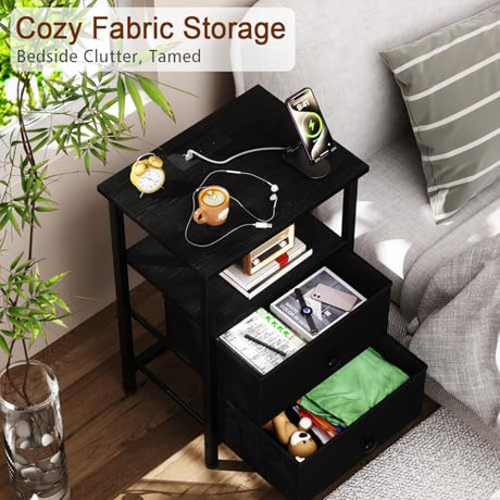 LOAKEKEL Nightstand with Charging Station, End Table with 2 Fabric Drawers, Night Stand for Bedroom, Small Bed Side Table with USB Ports and Outlets for Living Room, Black, HETS020BK-1 LOAKEKEL