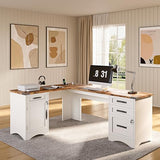 Decofy L Shaped Farmhouse Executive Desk with Drawers, 67" Home Office Desks with Fast Charging Station, Lockable File Cabinet, Wood Writing Computer Desk for Work, Study, White Decofy