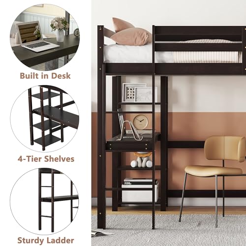 Bellemave Full Size Loft Bed with Desk and Storage Shelves for Kids - Espresso - WoodArtSupply