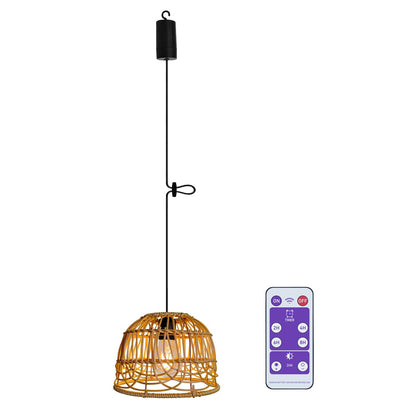 Outdoor Pendant Light Chandelier for Gazebo Battery Operated Boho Hanging Lamp Bamboo Handmade Rattan Decorative Lights LED Lantern Bulb Powered by 4*AA Batteries for Porch Patio Backyard Dec - WoodArtSupply