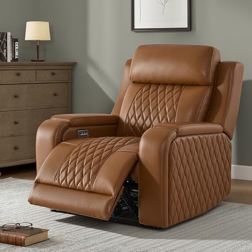 Watson & Whitely Genuine Leather Wall Hugger Power Recliner Chair with Power Headrest, Heating & Cooling, Electric Lay Flat Recliner with Cup Holders & Armrest Storage for Living Room, Saddle Brown