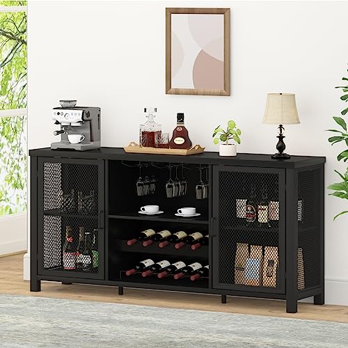 Launica Black Wine Bar Cabinet, Coffee Bar Cabinet with Storage, Farmhouse Kitchen Buffet Cabinet with Rack for Liquor and Coffee, Industrial Wine Cabinet for Home Living Dining Room, Black Oak, 55 In Launica