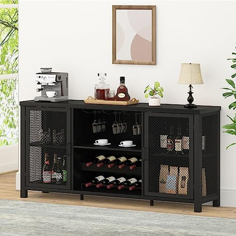 Launica Black Wine Bar Cabinet, Coffee Bar Cabinet with Storage, Farmhouse Kitchen Buffet Cabinet with Rack for Liquor and Coffee, Industrial Wine Cabinet for Home Living Dining Room, Black Oak, 55 In Launica