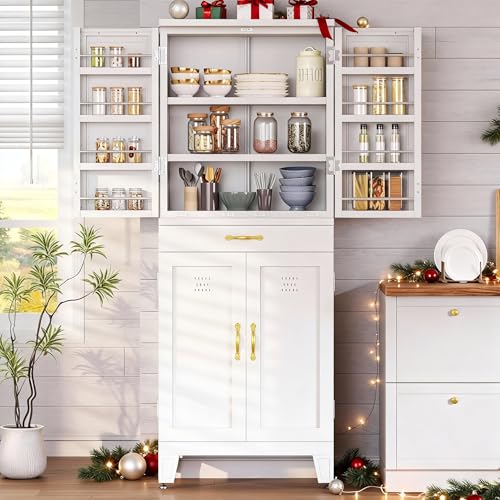 DWVO Metal Storage Cabinet, 71" Kitchen Pantry Cabinet with 4 Door & 4 Adjustable Shelves & Drawer & Door Rack, 6-Tier Tall White Steel Cabinets for Kitchen, Living Room, Dining Room DWVO