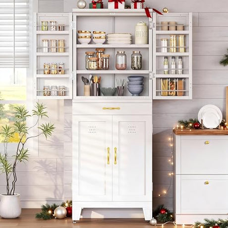 DWVO Metal Storage Cabinet, 71" Kitchen Pantry Cabinet with 4 Door & 4 Adjustable Shelves & Drawer & Door Rack, 6-Tier Tall White Steel Cabinets for Kitchen, Living Room, Dining Room DWVO