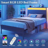 Fluest Twin Bed Frame with Headboard & Footboard, Twin Bed Frame with Charging Station & LED Light, Under-Bed-Storage, No Box Spring Needed, Noise Free, Easy Assembly, Classic Black Fluest
