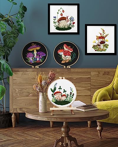 TINDTOP Embroidery Kit for Adult for Beginners, 5 Sets Mushroom Embroidery Kit for Beginners Include Embroidery Cloth Hoops Threads for Craft Lover Hand Stitch with Embroidery Skill Techniques TINDTOP