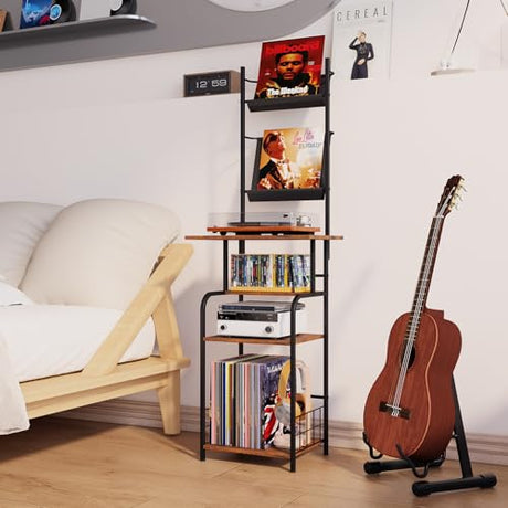 Homsorout Record Player Stand with Vinyl Storage - 6-Tier Turntable Table with Adjustable Feet, Metal & Wood Cabinet - Console Organizer Display Shelf for Living Room, Apartment Homsorout