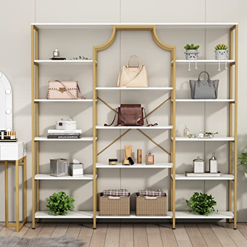 Loomie Gold & White Triple Wide Bookshelf with 13 Open Shelves - Modern Etagere Bookcase for Any Room - WoodArtSupply