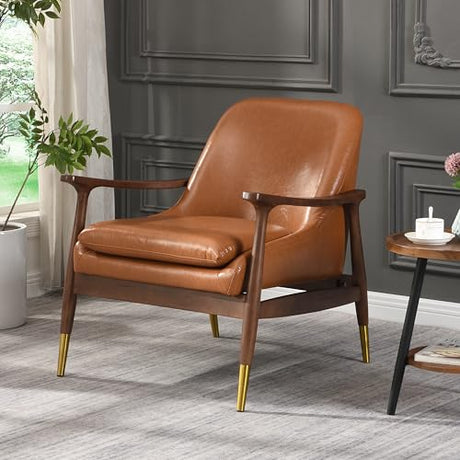BTYJLEBE Office Accent Chair 29.2'' Mid-Century Faux Leather with Cushioned Seat, Solid Wood Frame, and Brass-Tipped Legs – Perfect for Living Room, Bedroom, or Office Lounge BTYJLEBE