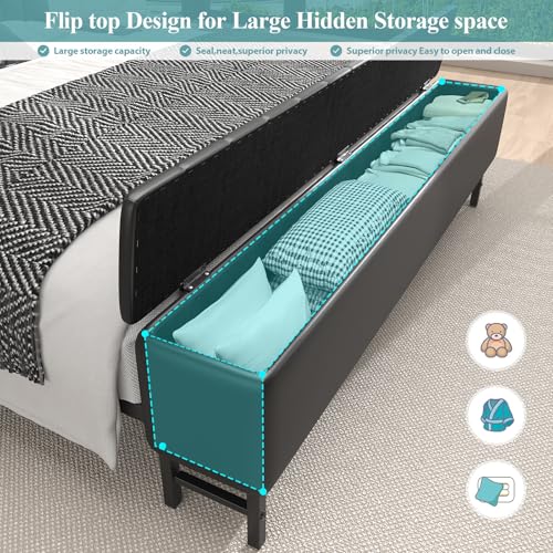 King Size Bed Frame with Star Projector & Charging Station, PU Leather Upholstered Platform with 2-Tier Storage Headboard & Storage Ottoman, Metal Support, Noise-Free, No Box Spring Needed, Black E-Motie