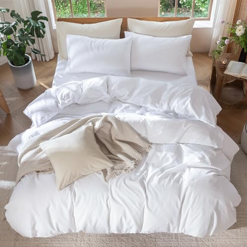 MooMee Bedding Duvet Cover Set 100% Washed Cotton Linen Like Textured Breathable Durable Soft Comfy (Solid Bright White, Queen 90"x90") MooMee