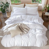 MooMee Bedding Duvet Cover Set 100% Washed Cotton Linen Like Textured Breathable Durable Soft Comfy (Solid Bright White, Queen 90"x90") MooMee