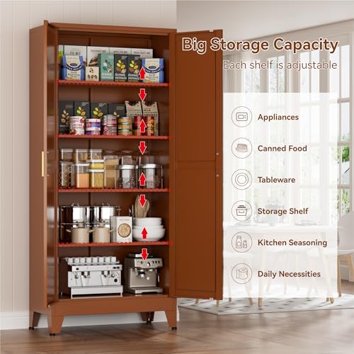 Brown Metal Storage Cabinet,71" Tall Farmhouse Storage Cabinets with 2 Morden Rhombus Doors and 4 Adjustable Shelves, Rustic Freestanding Cupboard for Kitchen,Home Office Living Room,Dining Room XIOMIOHTRQ