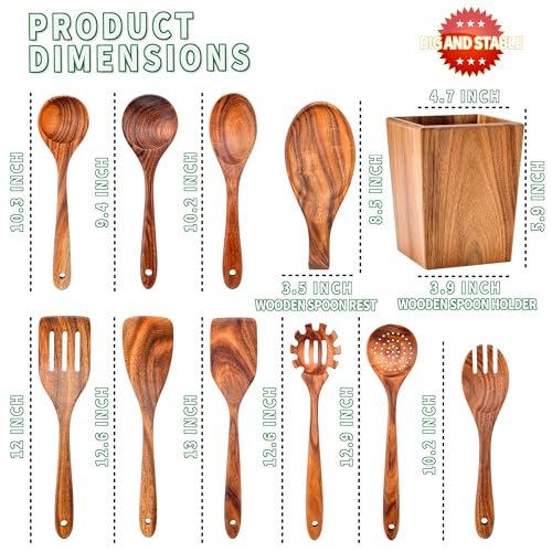 Wooden Spoons for Cooking, Acacia Wood Cooking Utensils Set – 11 Piece Wooden Kitchen Tools with Holder, Spoon Rest, Nonstick Cookware Safe by HOWHONG - WoodArtSupply